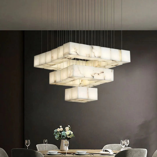 Modern Luxury Alabaster Cubic Round Pendant for Dining Table, Staircase