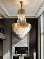 Golden Crystal Hallway Chandelier with Luxury Finish, Modern Ceiling Lamp for Living Room and Staircase