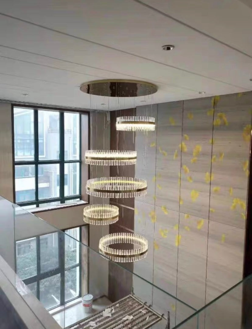 Gold Finish 5-Ring Crystal Chandelier with Metal and Glass Materials