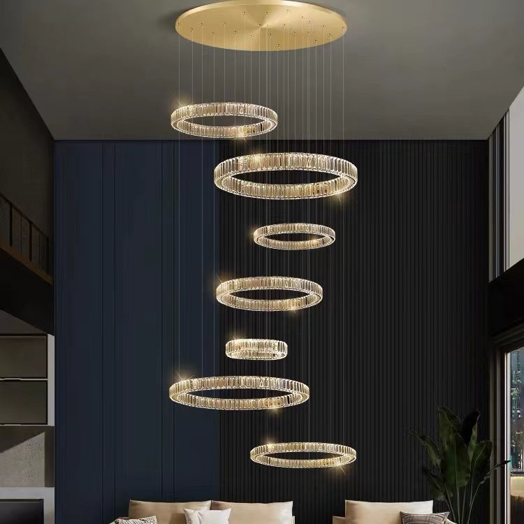 Modern Round Layered Crystal Chandelier with K9 Crystals and Stainless Steel Finish for High Ceiling