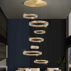 Modern Round Layered Crystal Chandelier with K9 Crystals and Stainless Steel Finish for High Ceiling