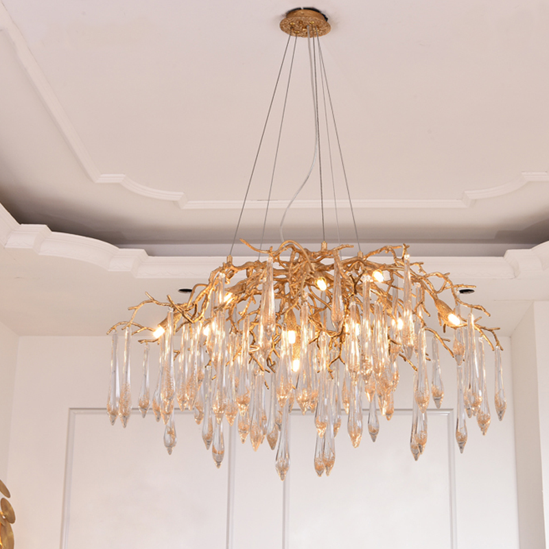 Iris Raindrop Brass Branch Round Crystal Chandelier 25-Inch35-Inch41-Inch