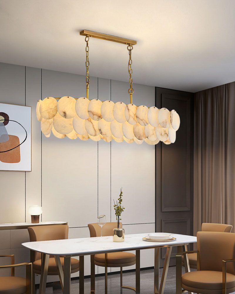 Rectangular Alabaster Chandelier Dia 100 / 120 with Round Shell Piece String Ceiling for Dining Room