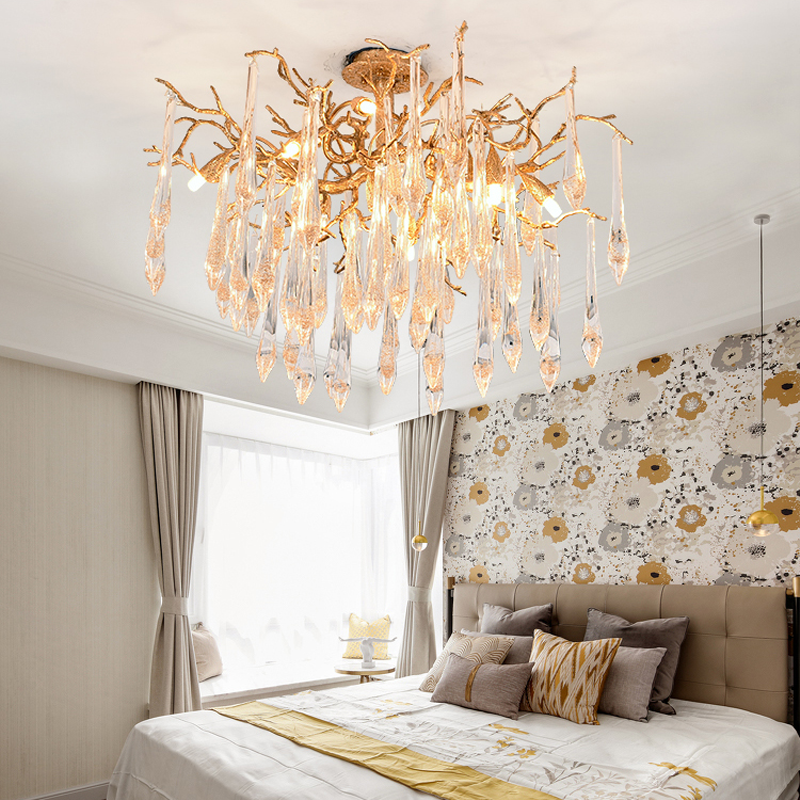 Iris Raindrop Brass Branch Crystal Ceiling Light Flushmount
