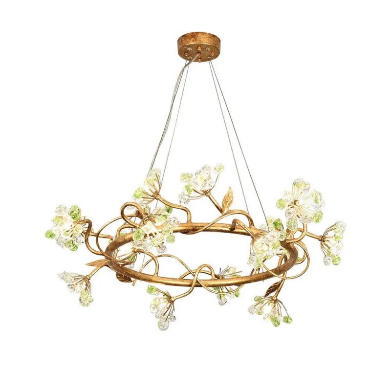 Modes Brass Ring Stone Flower Branch Chandelier