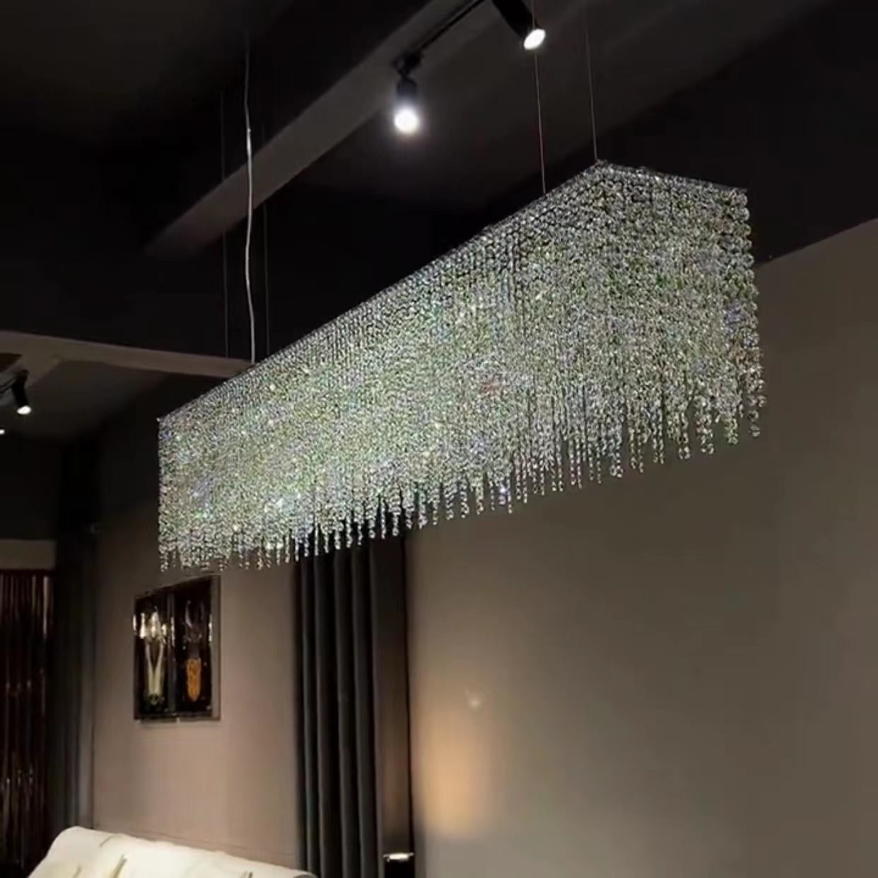 Tassel Crystal Dining Room Chandelier Rectangle Ceiling Light for Kitchen Island