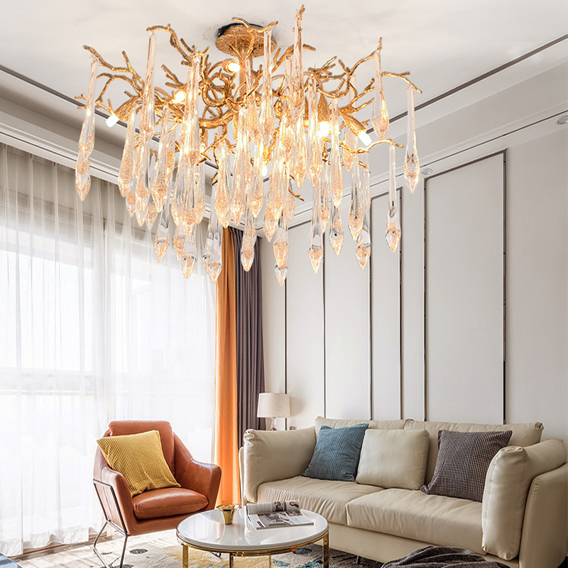 Iris Raindrop Brass Branch Crystal Ceiling Light Flushmount