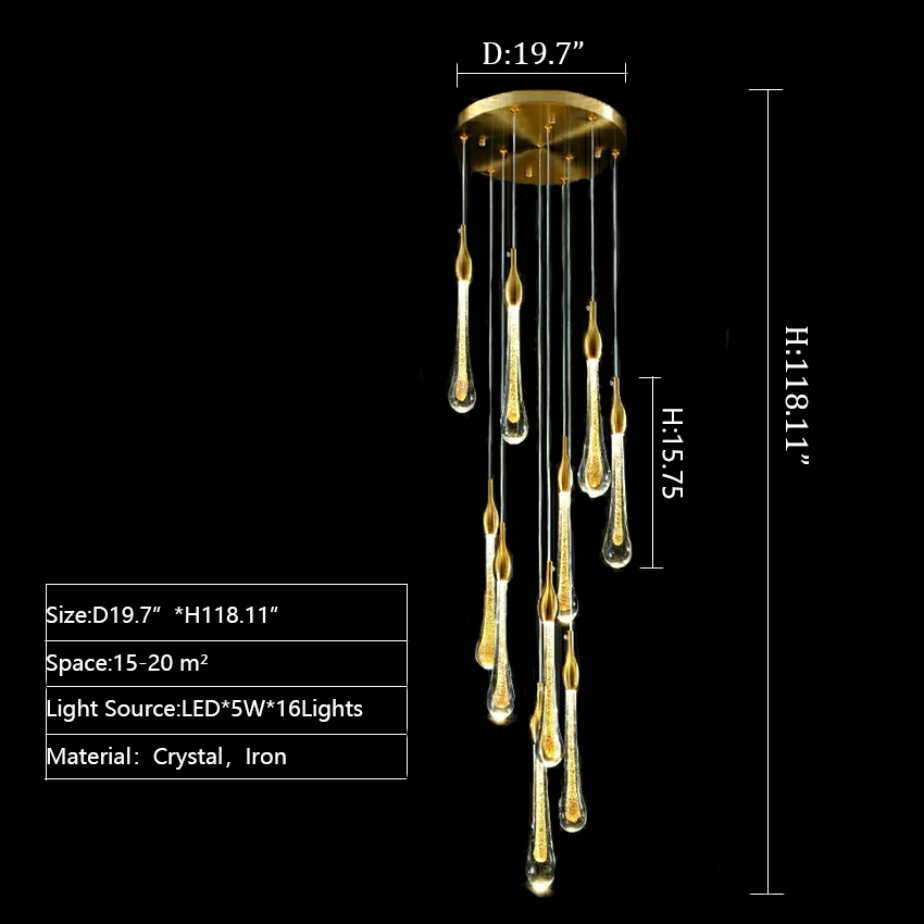 Gold Finish Glass Drops Pendant Chandelier Spiral Staircase Light with High-Quality Crystal
