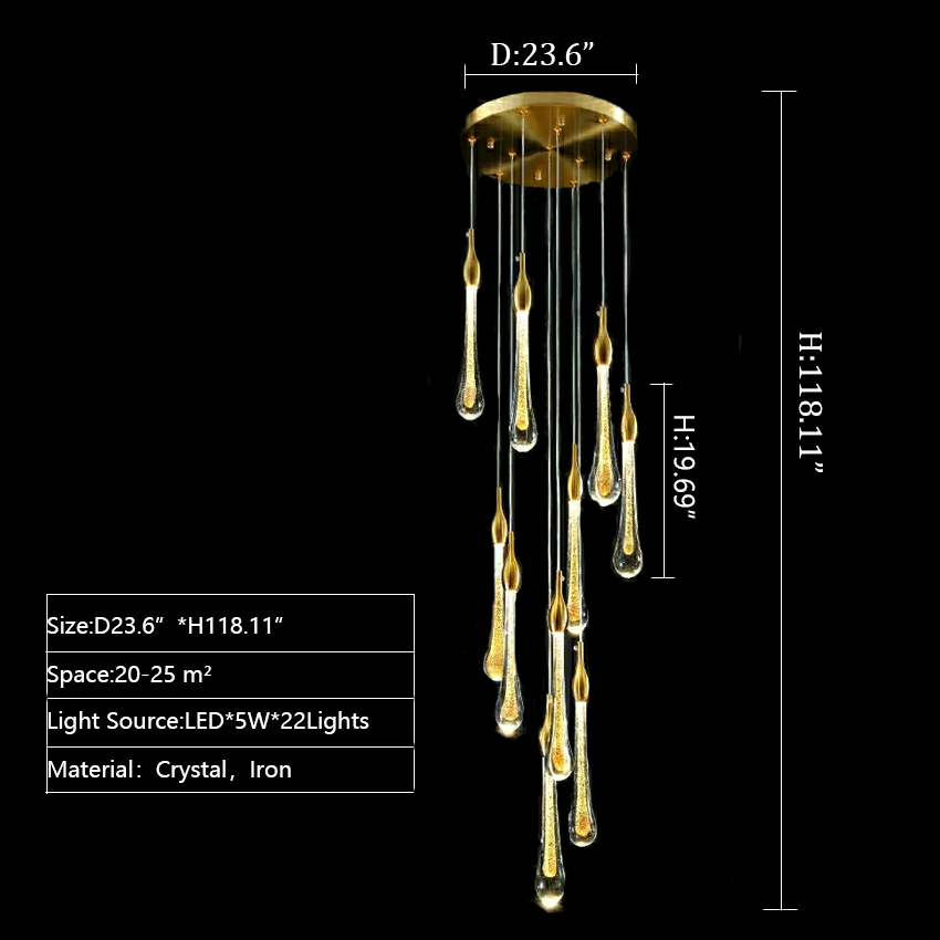 Gold Finish Glass Drops Pendant Chandelier Spiral Staircase Light with High-Quality Crystal