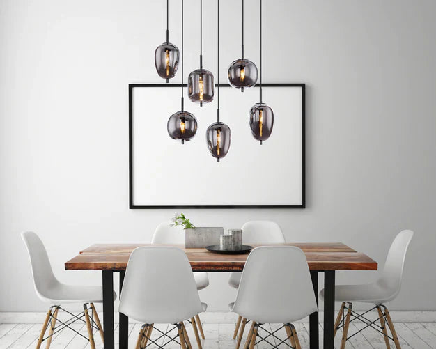 Modern Rectangular Smoky Gray Glass and Metal Chandelier for Dining Room & Kitchen Island