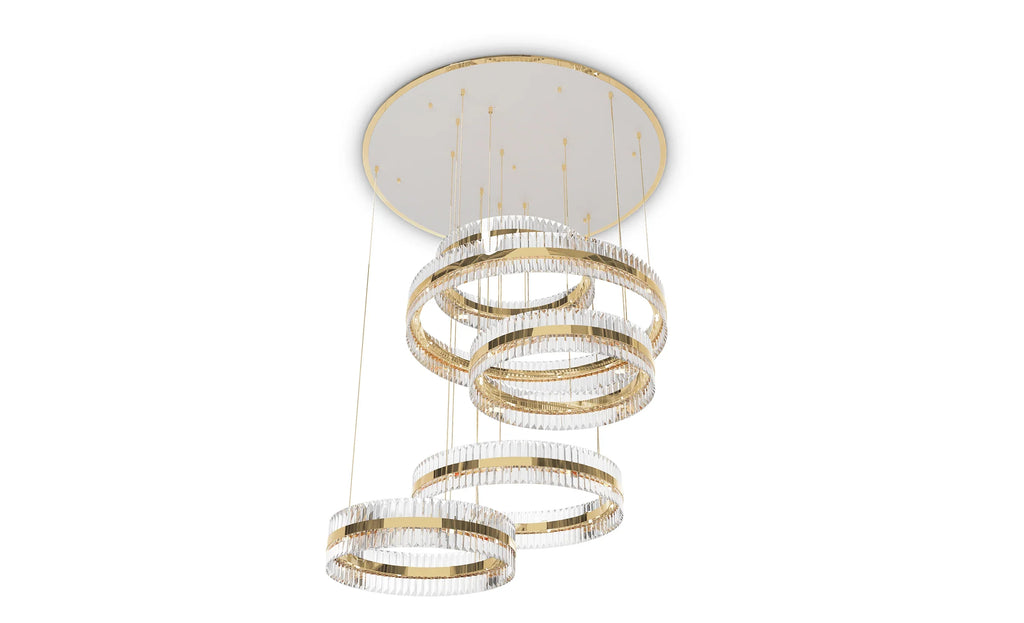 Gold Finish 5-Ring Crystal Chandelier with Metal and Glass Materials