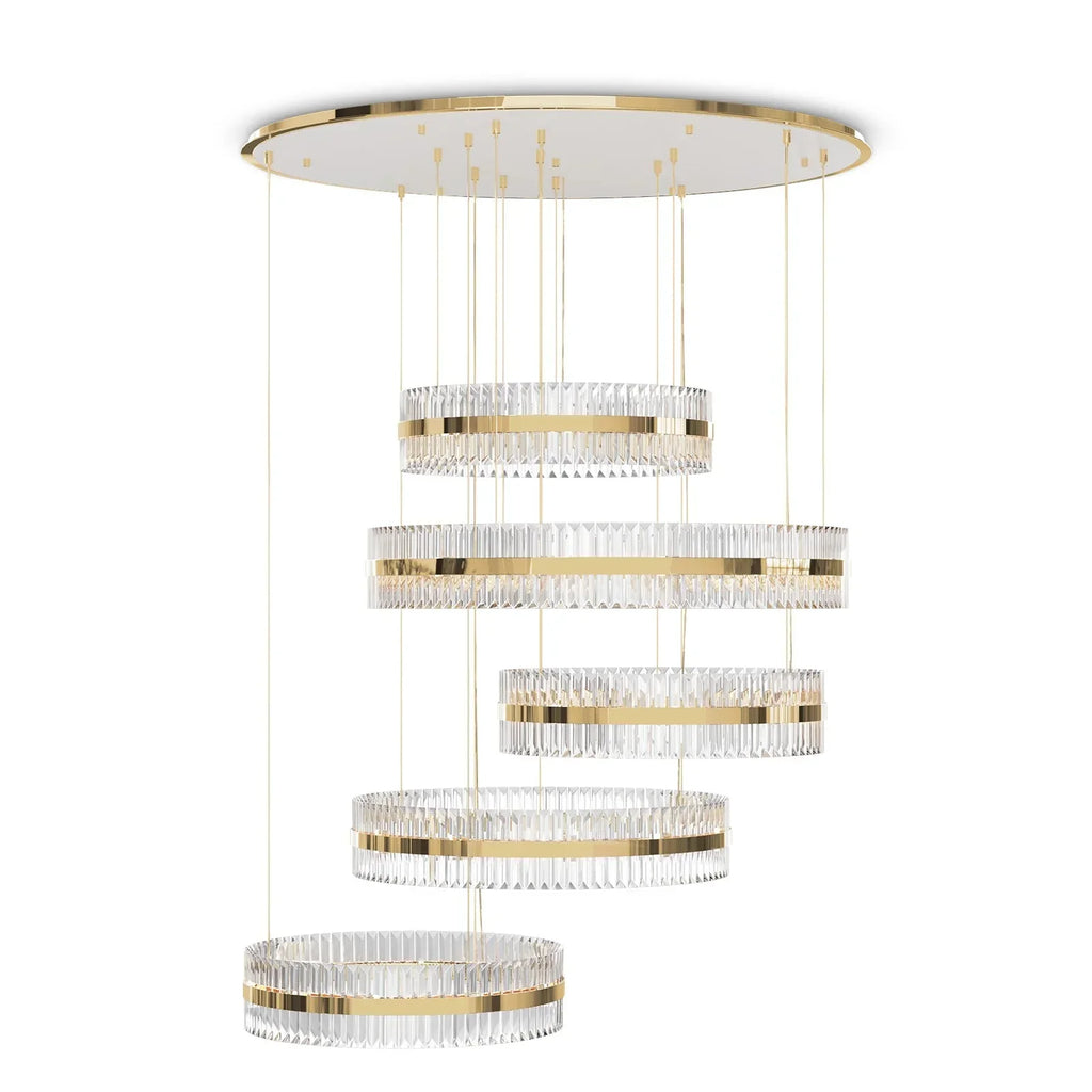 Gold Finish 5-Ring Crystal Chandelier with Metal and Glass Materials