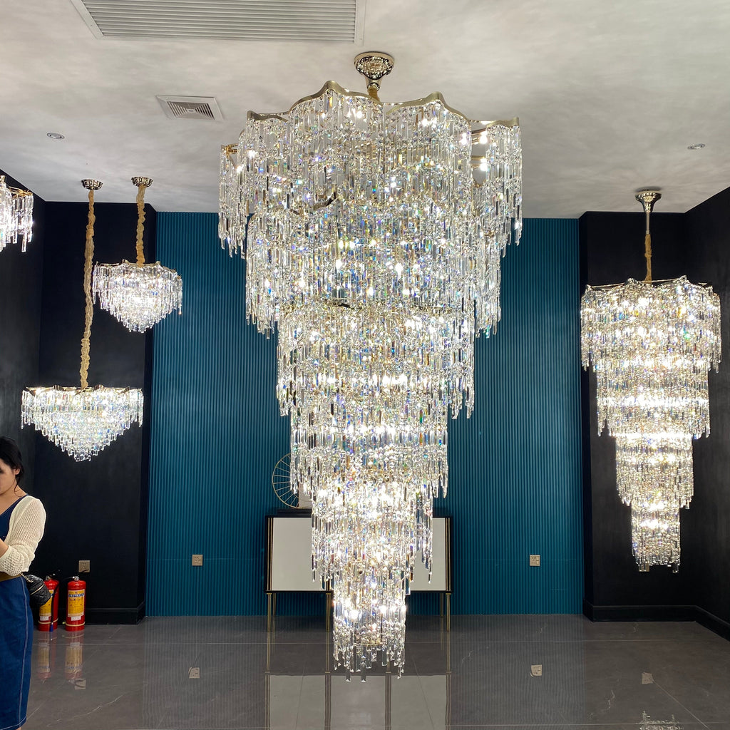 Oversized European Multi-Layers Golden Luxury Crystal Chandelier Villa / high-Ceiling / foyer