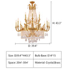 Stunning Oversized Luxury Golden Metal Candle Crystal Tassel Chandelier for High-Ceiling Staircase / entryway