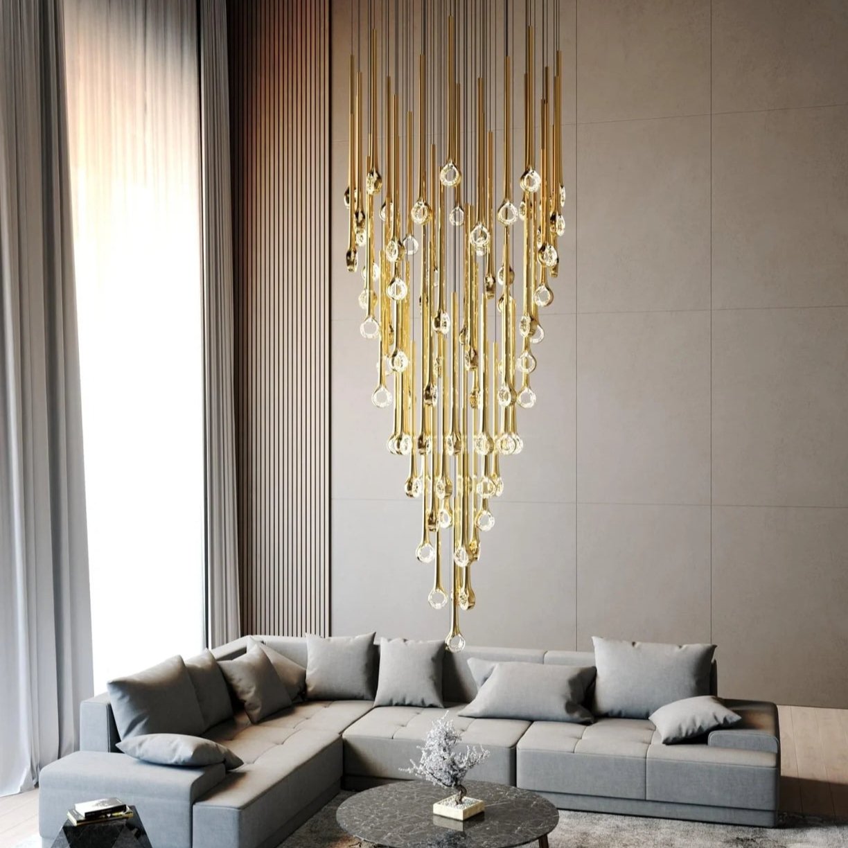 Modern Floating Long Gold Pendant Ceiling Chandelier for Living Room / high-Ceiling