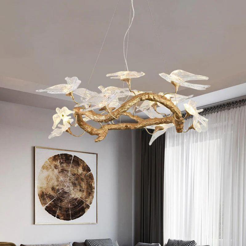 Lucky Bird Glass Brass Branch Round Chandelier