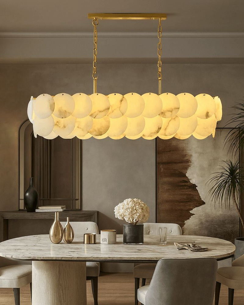 Rectangular Alabaster Chandelier Dia 100 / 120 with Round Shell Piece String Ceiling for Dining Room