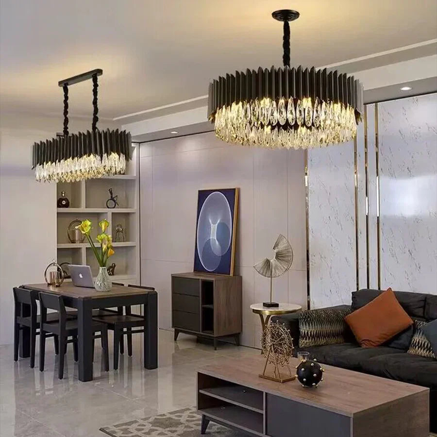 Modern Black Round Crystal Chandelier with K9 Crystals and Metal Finish for Living and Dining Room