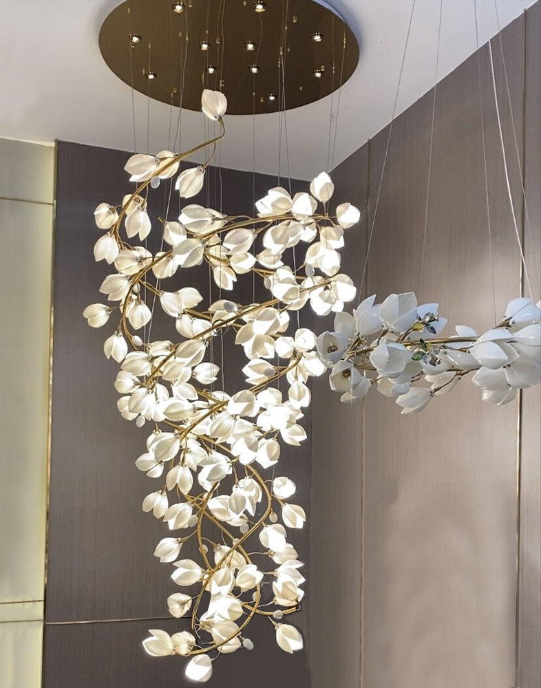 Spiral Pure White Magnolia Chandelier with Golden Branches for Staircase / high-Ceiling Space / foyer / Duplex