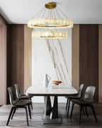 3-Tiered Stairwell Chandeliers | Irregular Alabaster Plate in Disk Ceiling with Long Cord