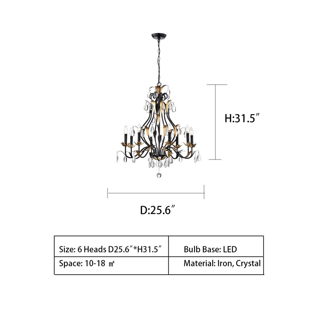 Large European-Style Iron Cascading Candle and Crystal Pendant for Living / Dining Room