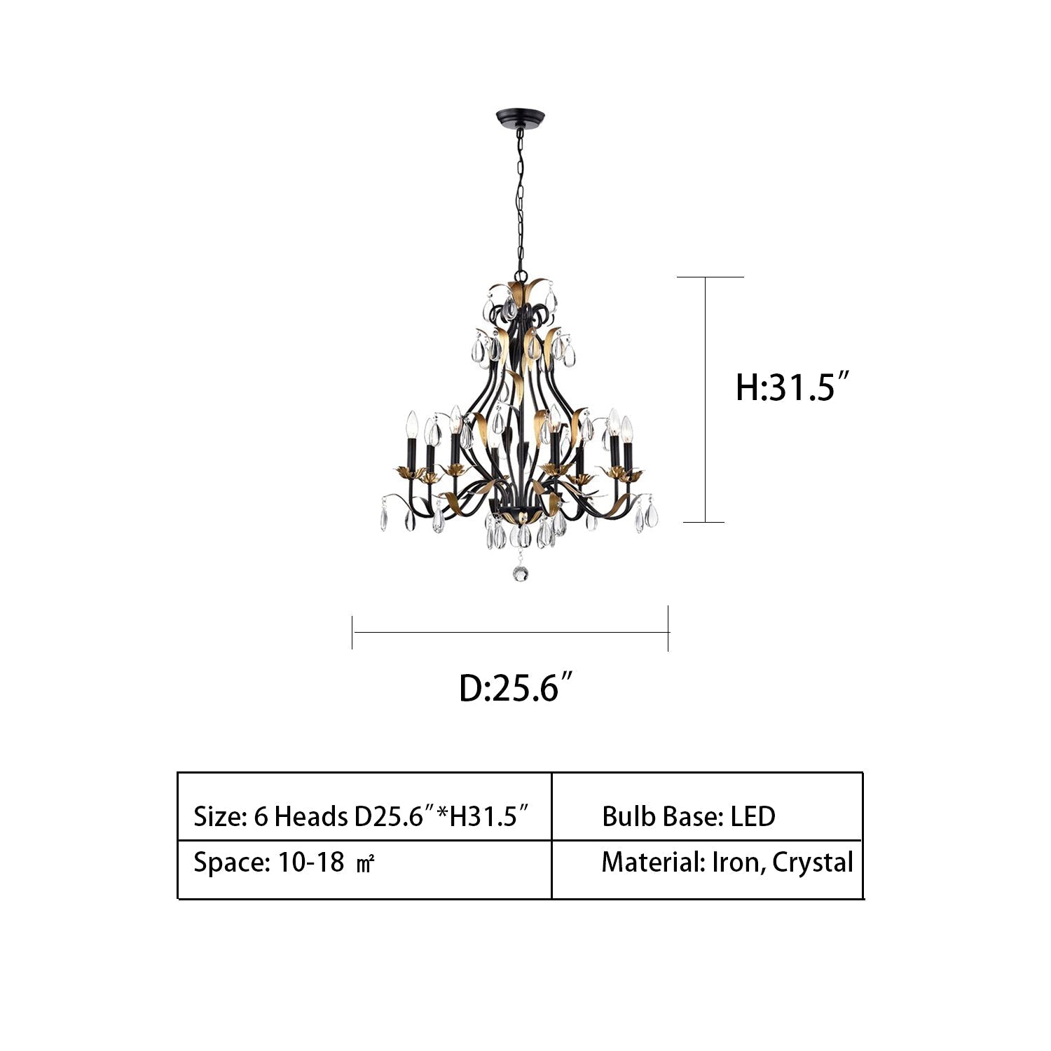 Large European-Style Iron Cascading Candle and Crystal Pendant for Living / Dining Room