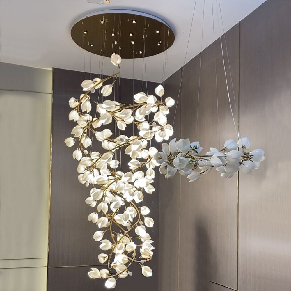 Spiral Pure White Magnolia Chandelier with Golden Branches for Staircase / high-Ceiling Space / foyer / Duplex