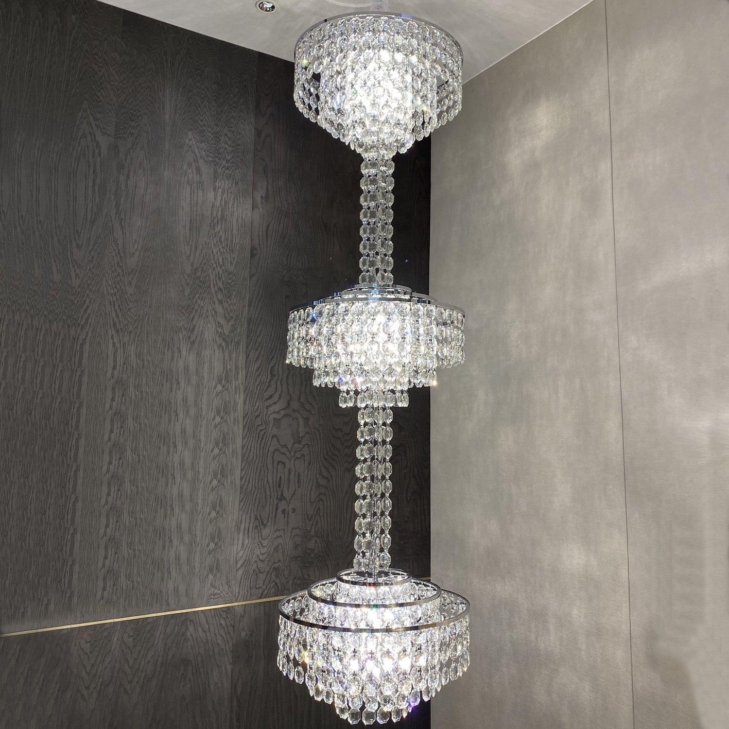 Modern French Elegant Oversized 3-Tiered Silver Seashells Long Crystal Chandelier for Staircase