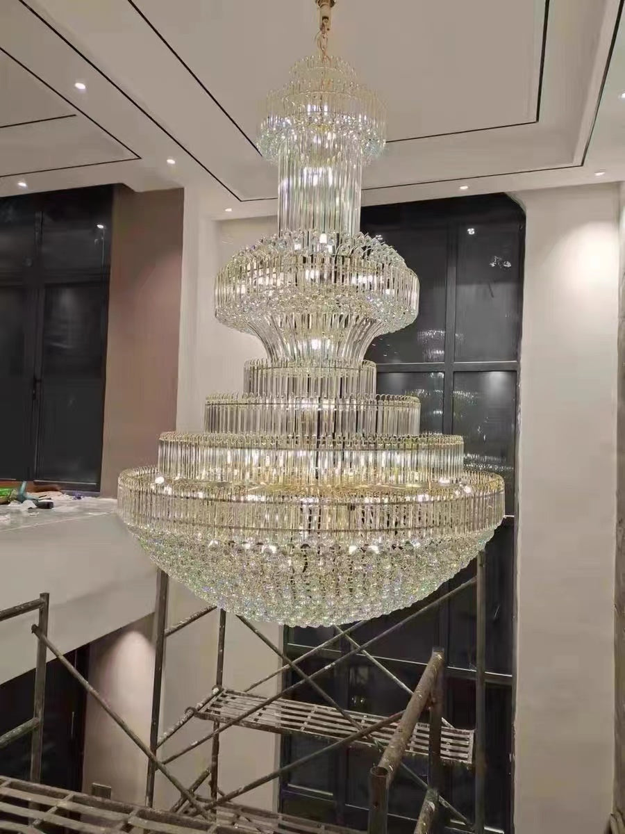 Golden Era Grand Cascade Clear Crystal Chandelier for High-Ceiling