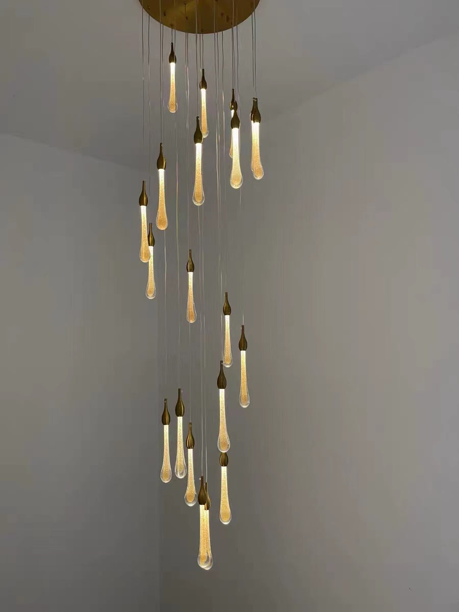 Gold Finish Glass Drops Pendant Chandelier Spiral Staircase Light with High-Quality Crystal