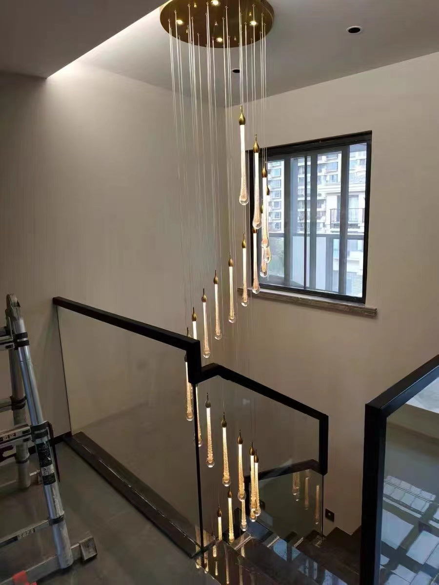 Gold Finish Glass Drops Pendant Chandelier Spiral Staircase Light with High-Quality Crystal