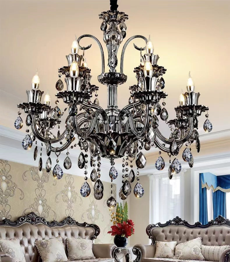 Oversized Modern Vintage Crystal Chandelier with Electronic Candle & Curved Arm & Raindrop