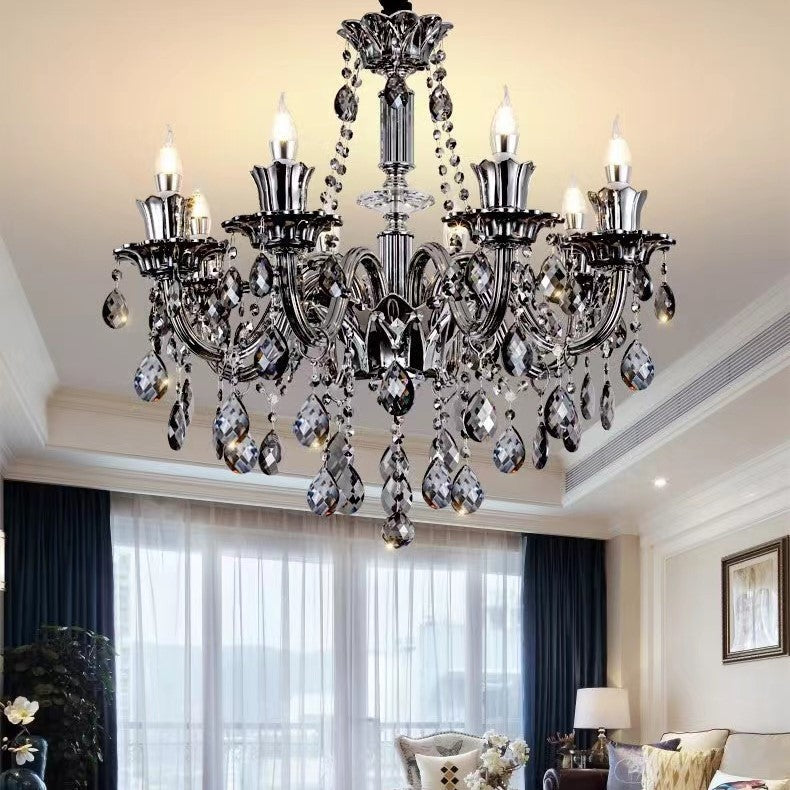 Oversized Modern Vintage Crystal Chandelier with Electronic Candle & Curved Arm & Raindrop