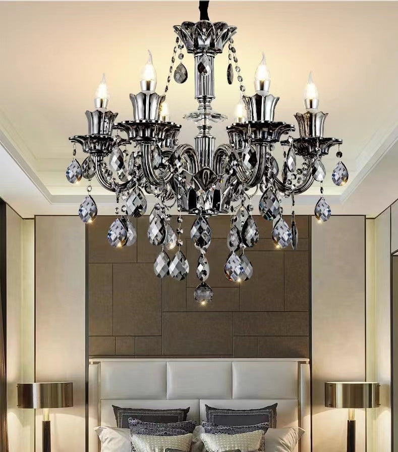 Oversized Modern Vintage Crystal Chandelier with Electronic Candle & Curved Arm & Raindrop