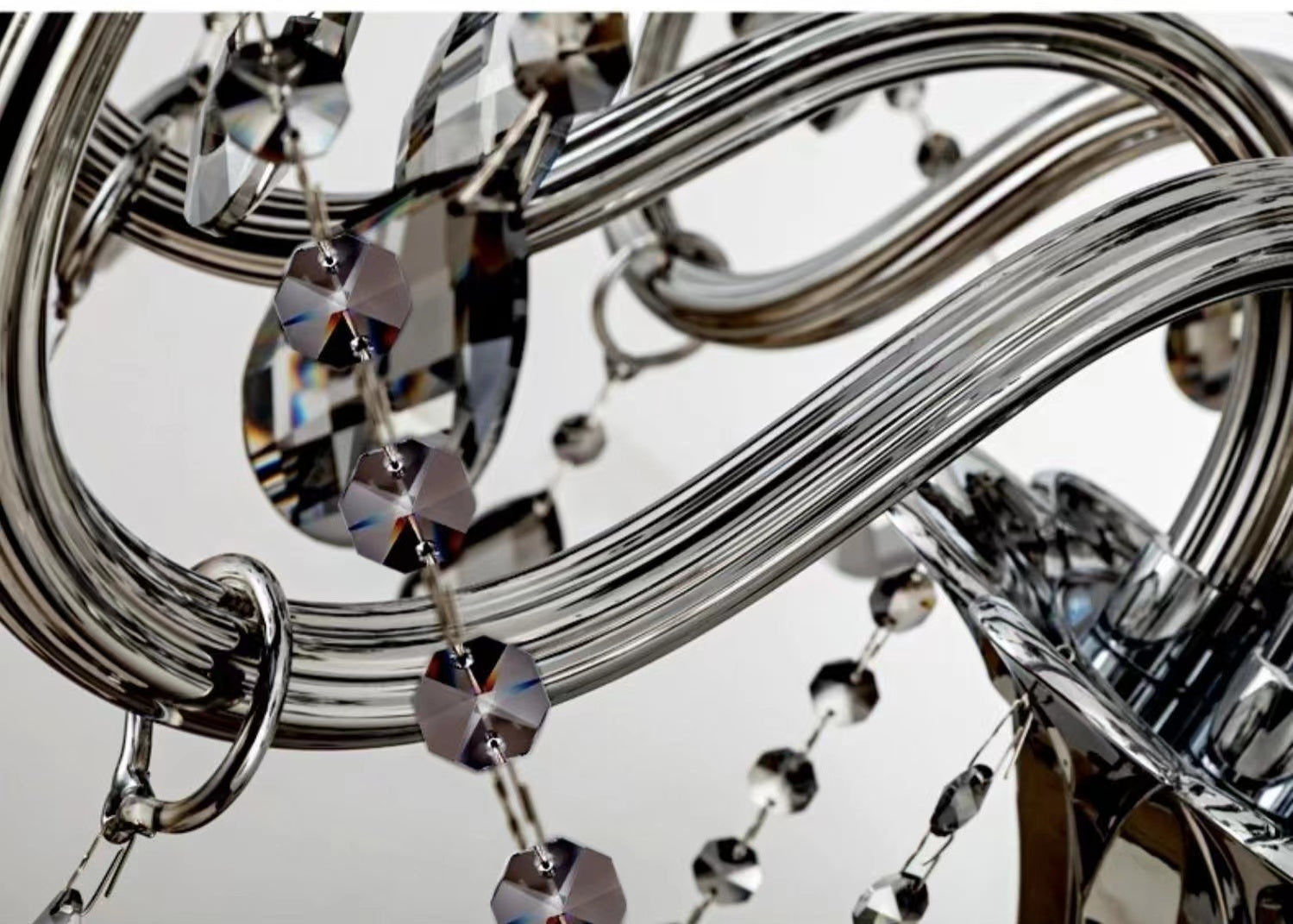 Oversized Modern Vintage Crystal Chandelier with Electronic Candle & Curved Arm & Raindrop