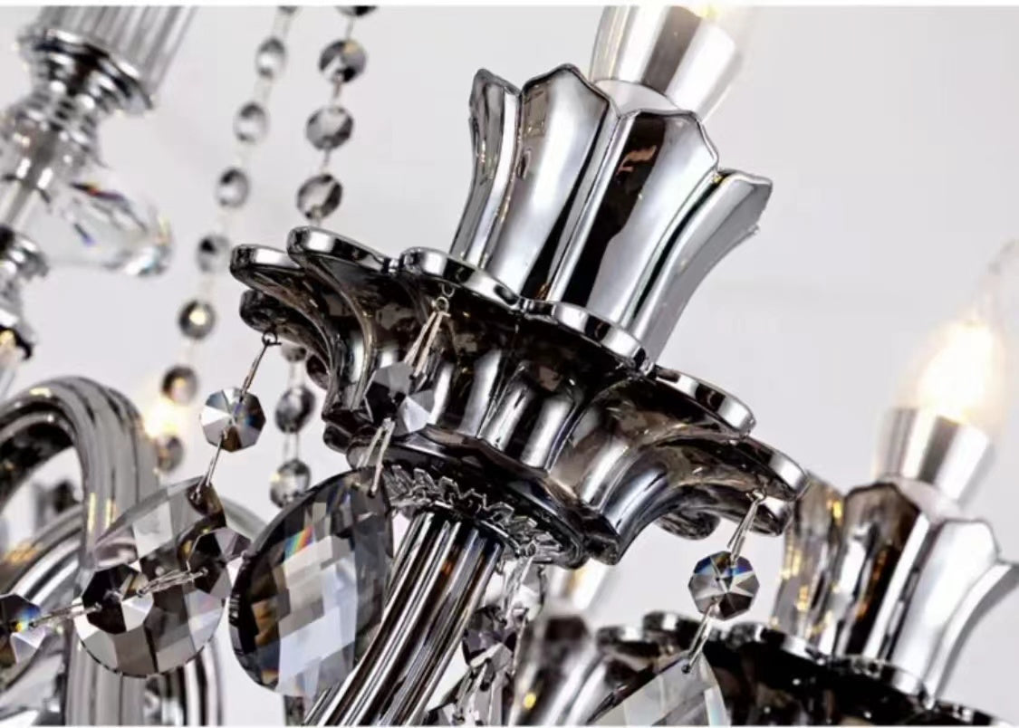 Oversized Modern Vintage Crystal Chandelier with Electronic Candle & Curved Arm & Raindrop