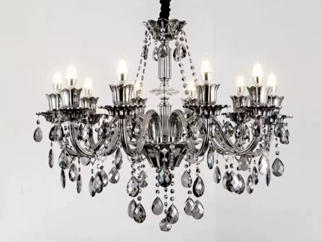 Oversized Modern Vintage Crystal Chandelier with Electronic Candle & Curved Arm & Raindrop