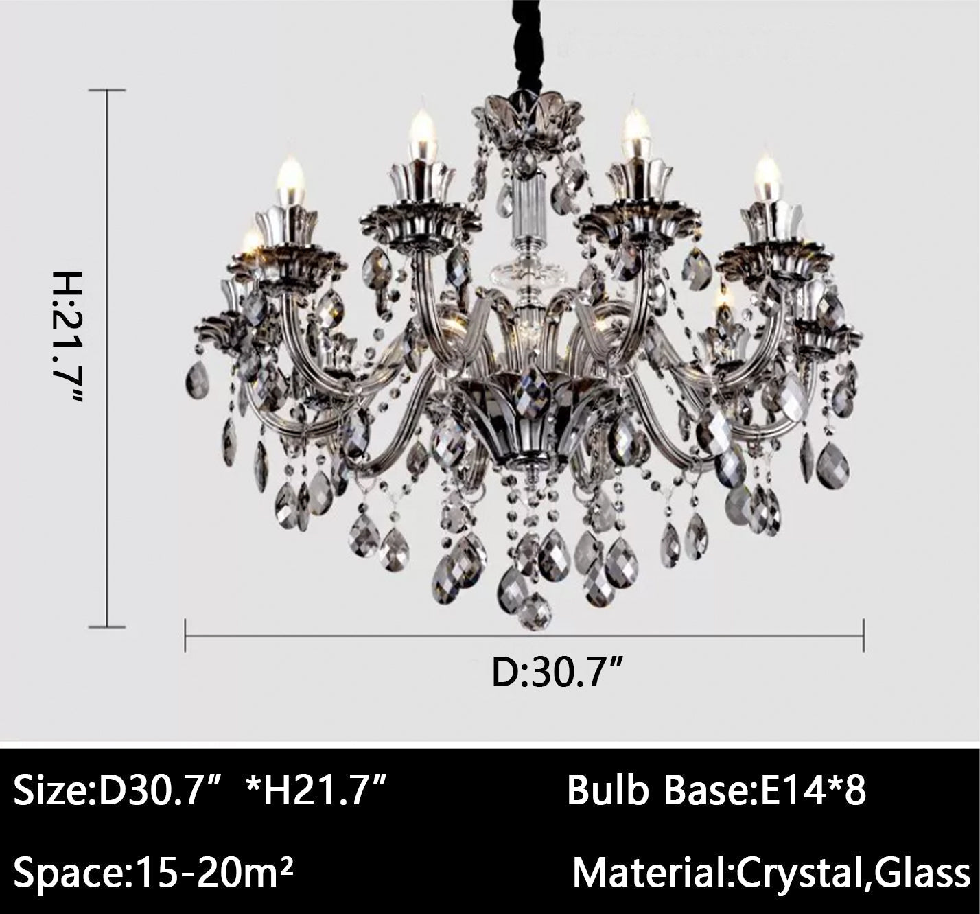 Oversized Modern Vintage Crystal Chandelier with Electronic Candle & Curved Arm & Raindrop