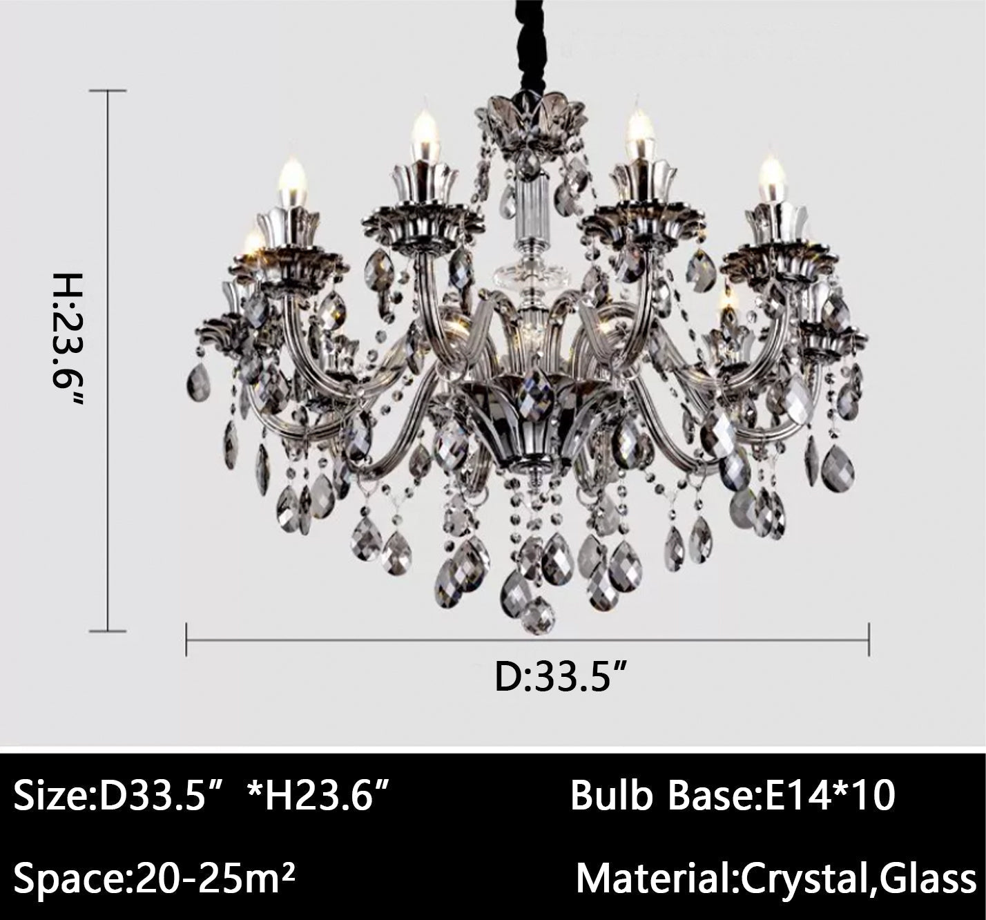 Oversized Modern Vintage Crystal Chandelier with Electronic Candle & Curved Arm & Raindrop