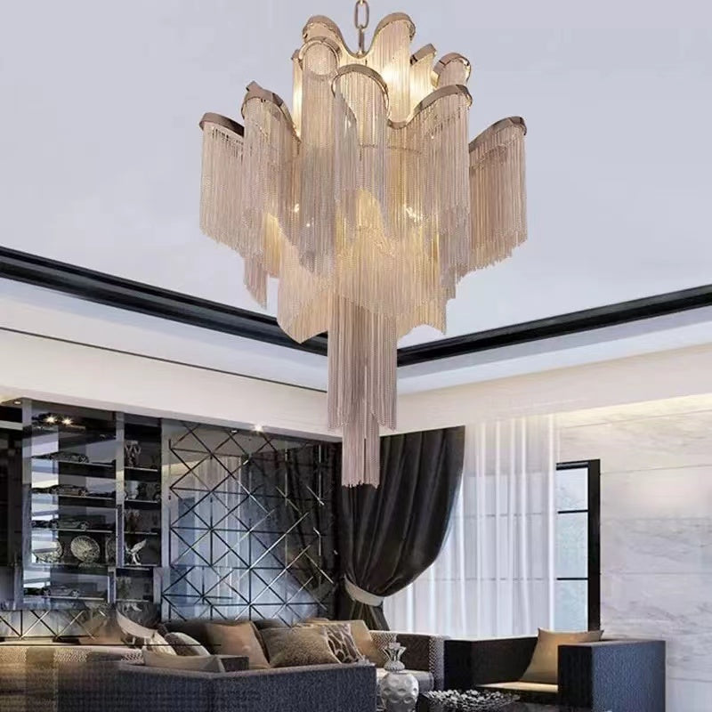 Post-Modern Extra Large Stainless Steel Long Tassel Chandelier for Large Living Room / Staircase / Villa /