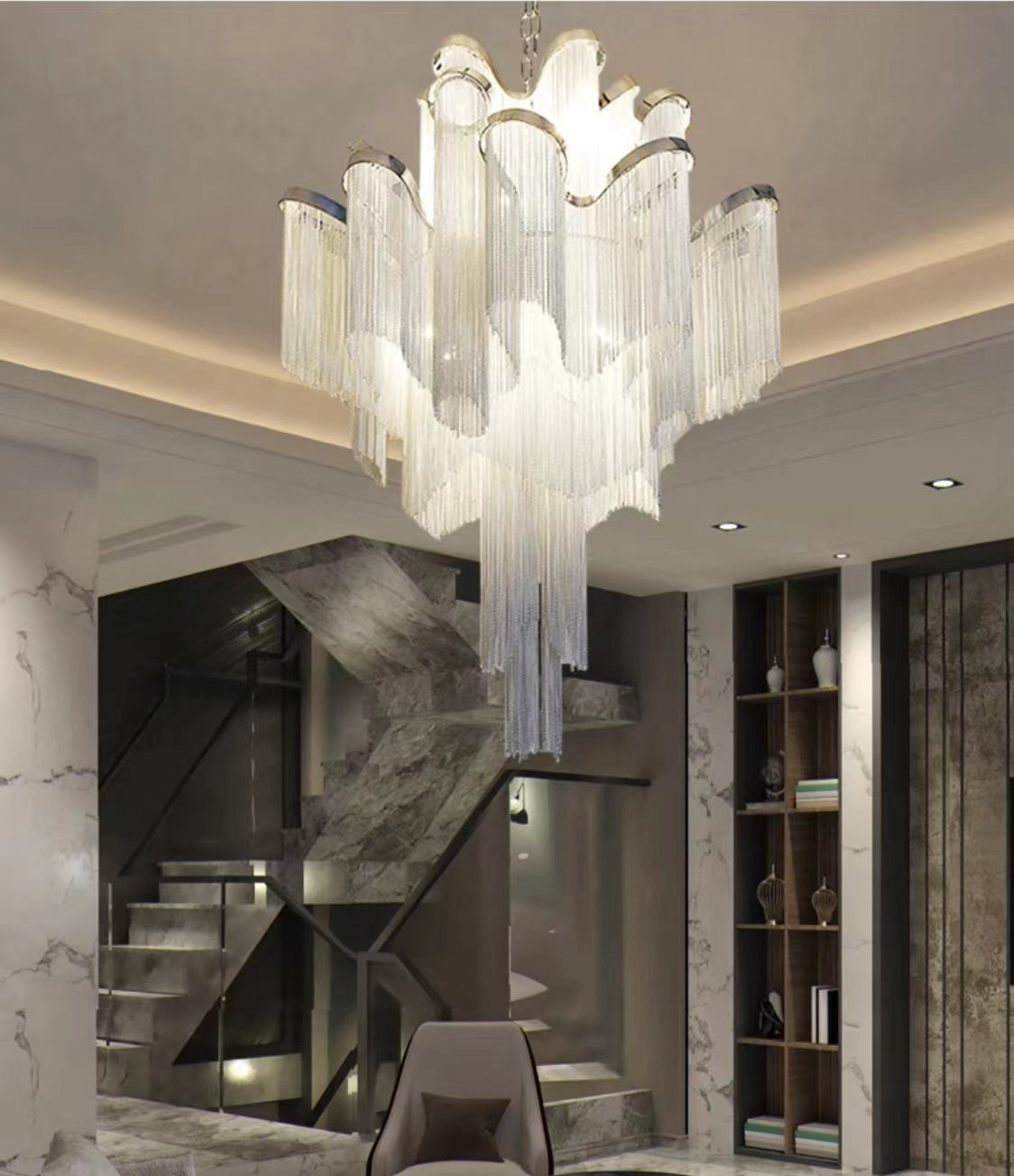 Post-Modern Extra Large Stainless Steel Long Tassel Chandelier for Large Living Room / Staircase / Villa /