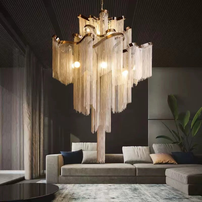 Post-Modern Extra Large Stainless Steel Long Tassel Chandelier for Large Living Room / Staircase / Villa /