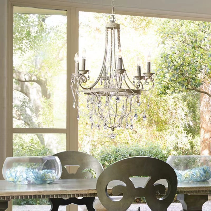 Affordable French Vintage Iron Crystal Pendant Candle Chandelier for Living Room / Restaurant / Cafe / Hotel