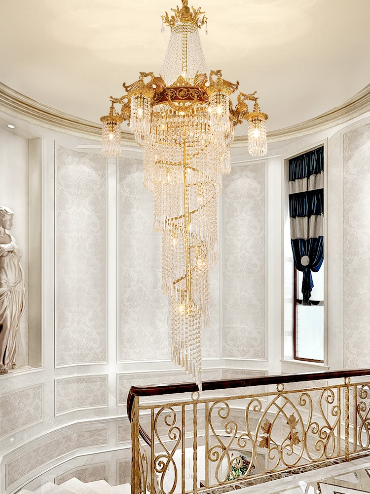 Extra Large Retro Luxury Full Copper Crystal Chandelier for Staircase / Duplexes / Villas