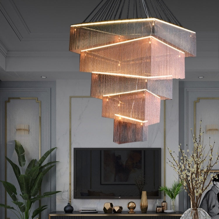 Extra Large Art Multi-Tier Aluminum Chain Tassel Chandelier for High-Ceiling Room