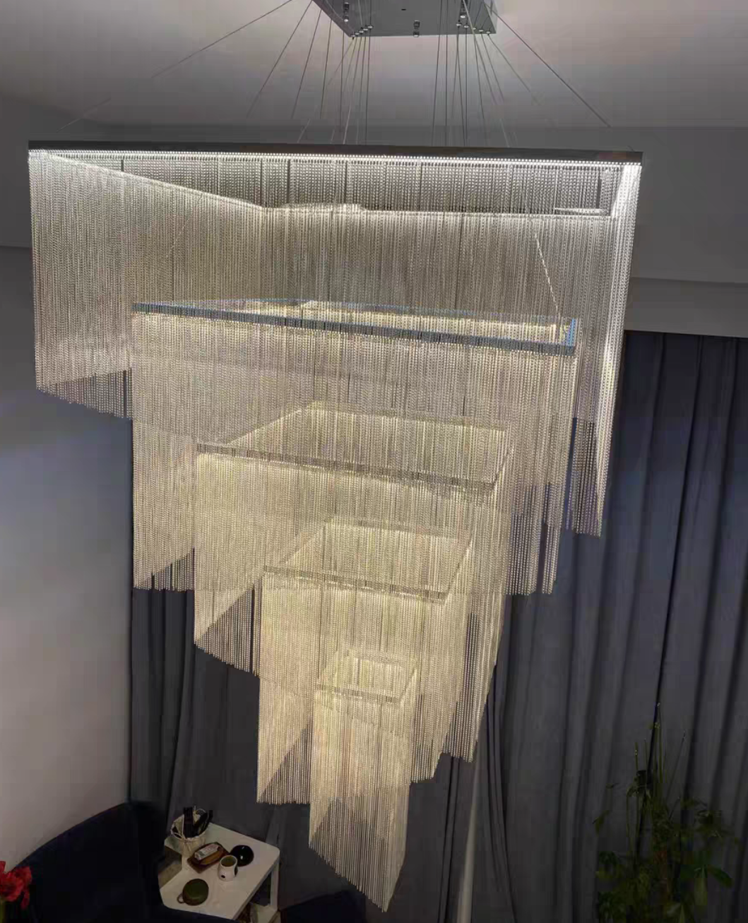 Extra Large Art Multi-Tier Aluminum Chain Tassel Chandelier for High-Ceiling Room