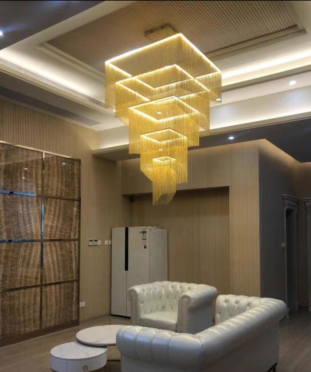 Extra Large Art Multi-Tier Aluminum Chain Tassel Chandelier for High-Ceiling Room