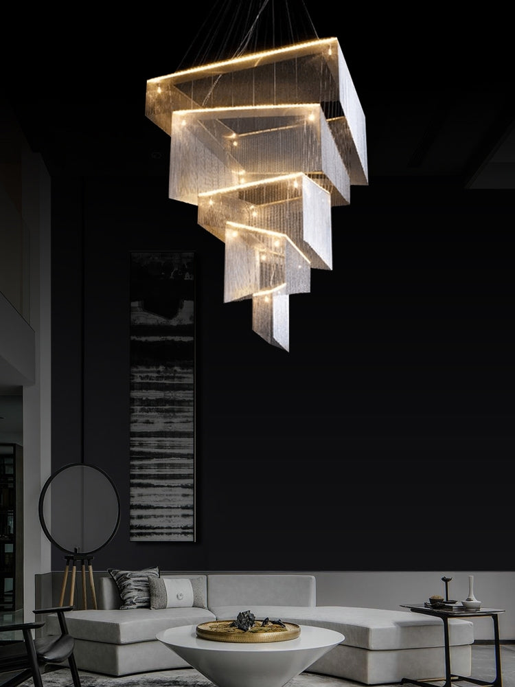 Extra Large Art Multi-Tier Aluminum Chain Tassel Chandelier for High-Ceiling Room