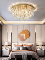 Oversize Stainless Steel Flush Mount Crystal Chandelier with Tiered Design for Living Room Bedroom