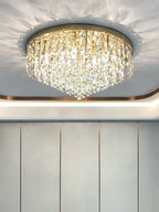 Oversize Stainless Steel Flush Mount Crystal Chandelier with Tiered Design for Living Room Bedroom